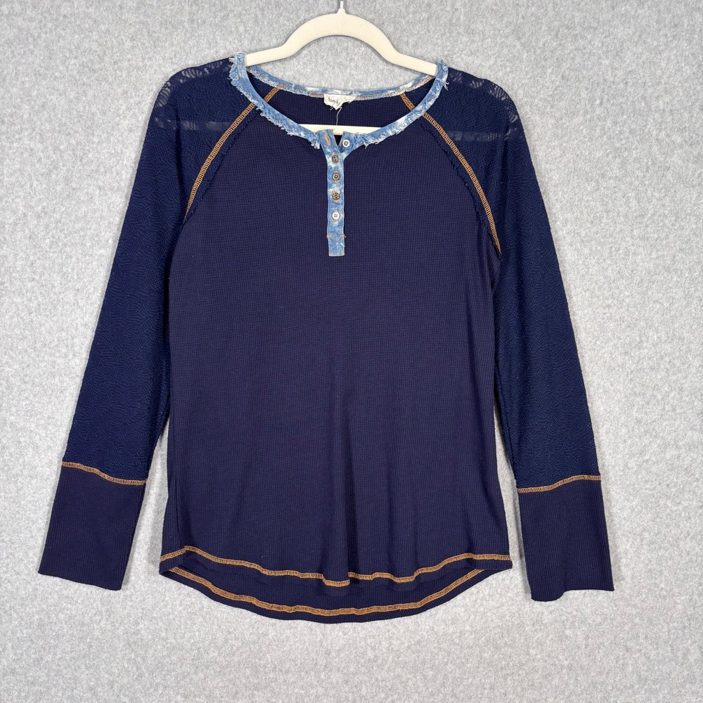 Hem & Thread Lace Waffle Knit Henley Top Medium Navy Y2K 00s Shirt Thermal Comfy